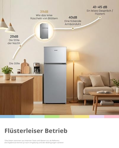 Comfee’ Kühlschrank mit Gefrierfach | 204L Kühl-Gefrierkombination, 143 cm Höhe | 137 kWh/Jahr, Low Frost, Leise 39 dB, LED-Licht, Inverter Kompressor, Freistehend Silber RCT210DS3EU(E)