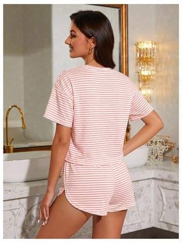 Image of OYOANGLE Womens Pajama Sets 2 Piece Sexy Lounge Sets Summer Cute Pjs Striped Print Tee and Side Split Shorts Set