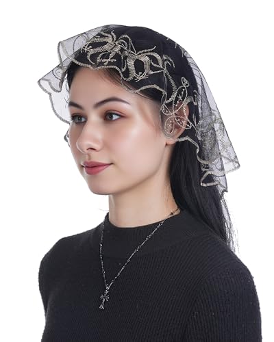Bozidol Mantilla Round Sacred Heart Veil for Women, Black Gold Rose Chapel Veils Catholic Christian Church Head Covering for Mass Prayer Religious Gifts