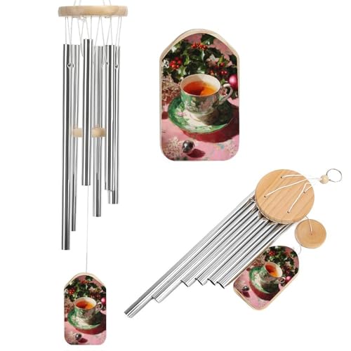 Campanilla de viento conmemorativa de tono profundo con 6 tubos de aluminio, diseño de taza de té caliente con hojas de acebo, decoración de jardín y patio trasero
