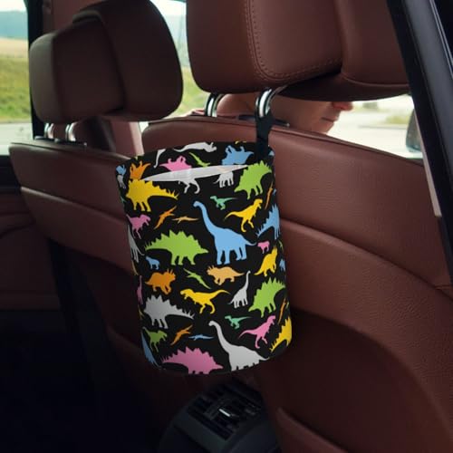 Image of Car Garbage Bag Colorful Dinosaurs Mini Car Trash Bin Portable Collapsible Waterproof Rubbish Bag for Car Accessories Back Front Seat Cup Holder