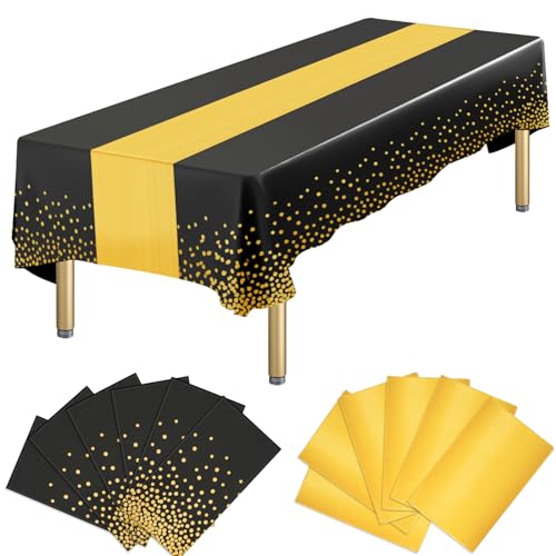 12 Packs Plastic Table Cloth Disposable and Satin Table Runner, Black Gold