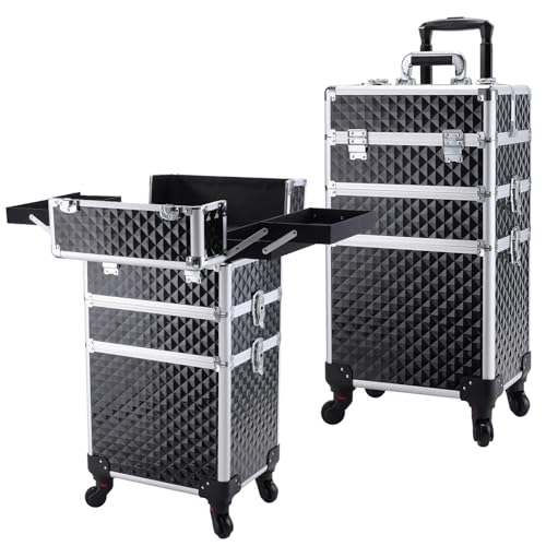 FRENESSA 3 in 1 Rolling Makeup Train Case Professional Cosmetic Trolley Large Storage with Keys Swivel Wheels Salon Barber Case Traveling Cart Trunk for Make Up Hairstylists Nail Tech, Vintage Black