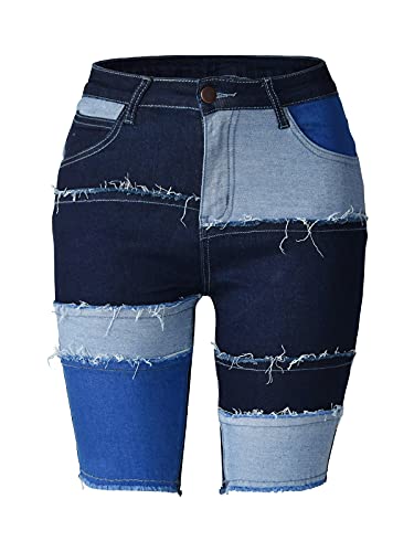 Aodrusa Women Patch Short Jeans Raw Hem Denim Shorts Frayed Bermuda Blue XL