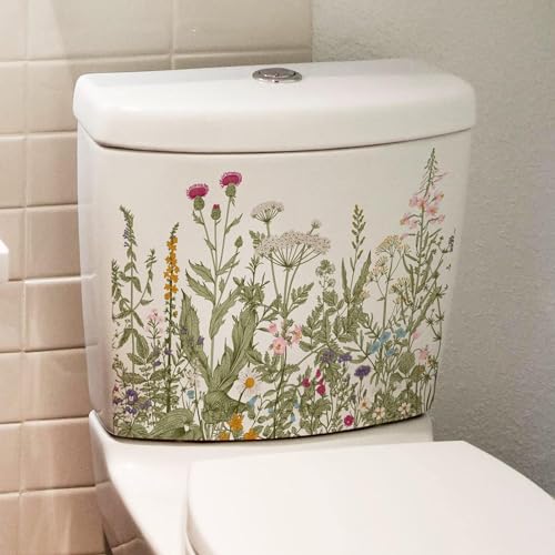 Green Plant Leaves Flowers Toilet Seat Lid Stickers Self-Adhesive Bathroom Wall Green Leaf Floral Decals DIY Removable Waterproof Sticker for Cistern Decor Multicolor Toilet Accessories