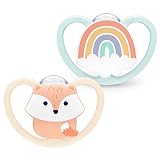 NUK Space fopspeen met extra ventilatie, BPA-vrije siliconen, 0-6 maanden, vos en regenboog, 2 stuks