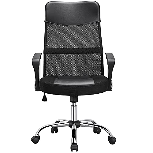 Yaheetech Bürostuhl mit hoher Rückenlehne, Schreibtischstuhl mit Wippfunktion, Chefsessel mit Kopfstütze und Armlehne, Office Chair, Gaming Stuhl Mesh Netz Schwarz