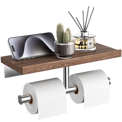 Image of Tindbea Rustic Double Toilet Paper Holder with Walnut Wood Shelf, Farmhouse Toilet Paper Holder Brushed Nickel Stainless Steel Bathroom Tissue Roll Holder