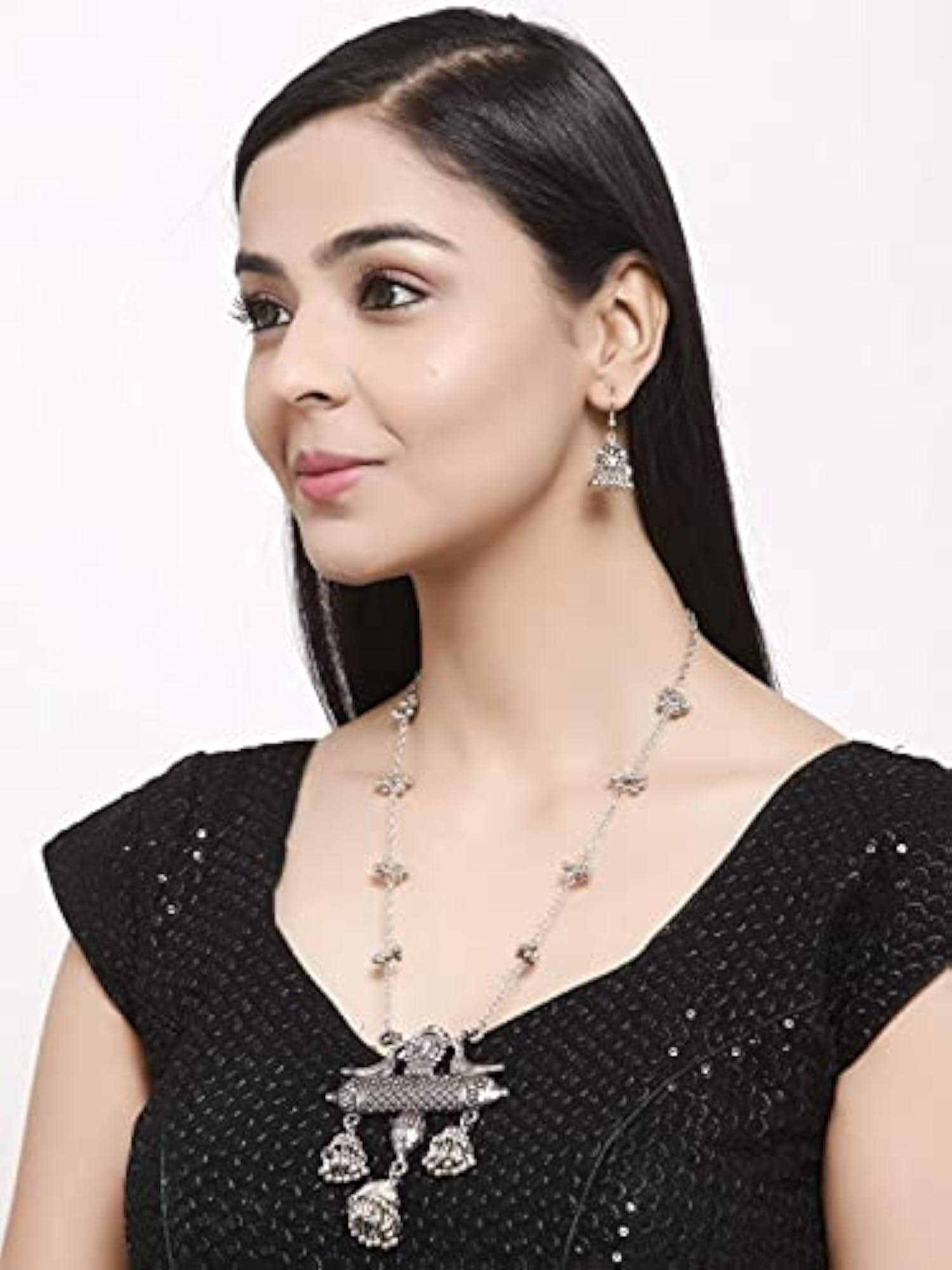 Oxidised Long Chain Pendant Earrings Set