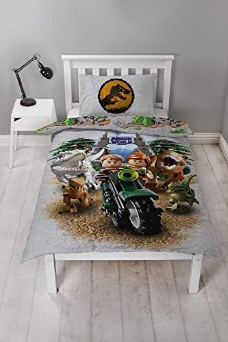 LEGO Jurassic World Single Duvet Cover | Officially Licensed Reversible Two Sided T Rex Design with Matching Pillowcase, Polyester Multi Coloured