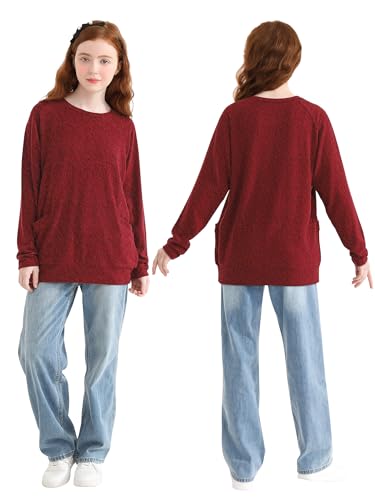 Girls Long Sleeve Shirts Casual Tees Raglan Crewneck Sweatshirts Loose Fit Pullover with Pockets for 6-13 Years3