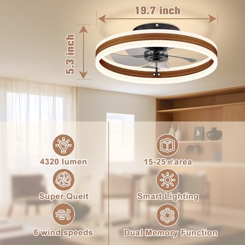 Image of VOLISUN Low Profile Ceiling Fans with Lights and Remote, 19.7in Farmhouse Ceiling Fans with Light Flush Mount, 3000K-6500K Dimmable Fandelier LED Fan Light, Bladeless Ceiling Fans for Bedroom
