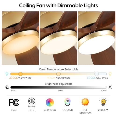 52 Inch Ceiling Fan with Lights, Gold Brass Finish, Solid Wood Ceiling Fan, Outdoor Damp Rated for Patio, High CFM Quiet Reversible DC Motor, Rustic Farmhouse Blades, for Indoor Living Room Bedroom ﻿ thumbnail 7
