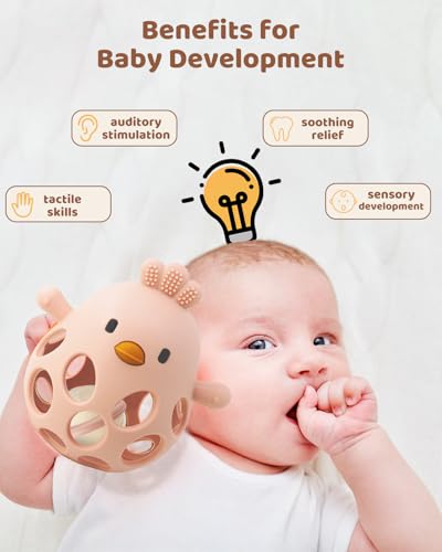 Image of Baby Teething Chick Toy, Upgraded Easy Grasp Silicone Teething Rattle Ball Toy for Babies Over 3 Months, 100% Food Grade, Gift for Infant Boys and Girls 0-6-12 Months (Pink)