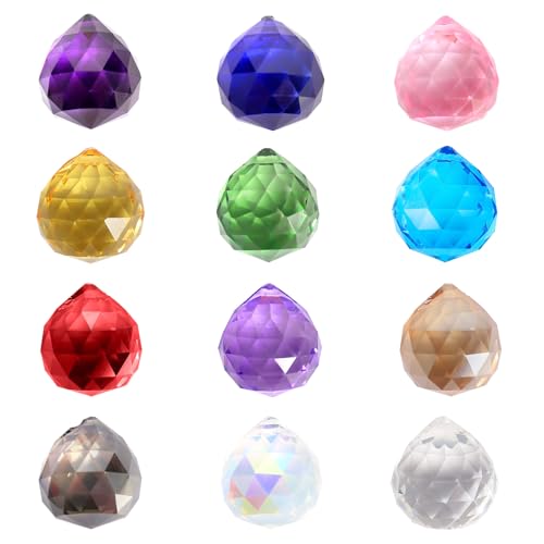 Kristall Sonnenfänger 12 Stück 30 MM Kristallkugelprisma Kristallprismen, Kristallglaskugel Prisma Kristall Fenster Regenbogen Dekoration Kristalle Deko Anhänger für für Fenster Feng Shui