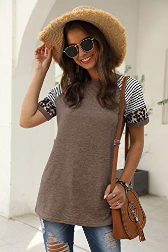 Women's Coffee Short Sleeve Color Block Round Neck Summer T-Shirts Top L