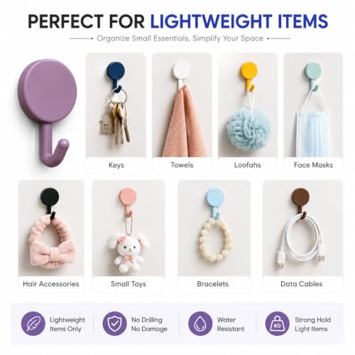 Image of KONVIO NEER Round Self Adhesive Wall Hooks - 10 Pack Multicolor Wall Hanging Hooks, Cute Plastic Key Holder Hooks Without Drilling for Keys, Towels, Kitchen, Bathroom, Kids Room & Home Organization