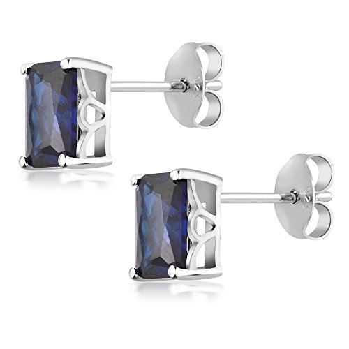 Gem Stone King 2.00 Cttw Simulated Blue Sapphire Bridal Stud Earrings For Women Men | 925 Sterling Silver | 7X5MM Emerald Cut4