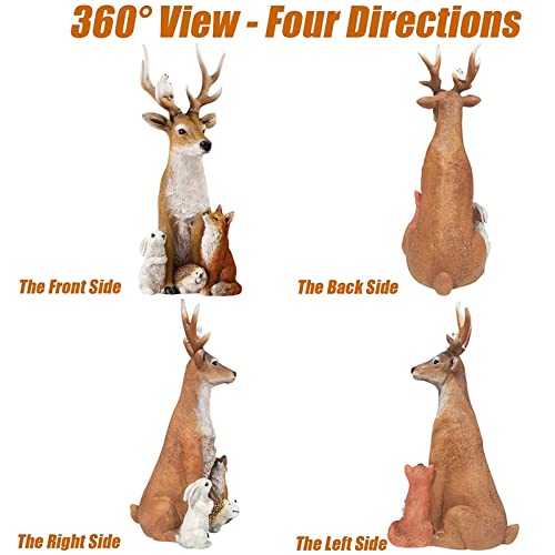 Garden Statue For Outdoor Decor, 12" Resin Deer Figurine + 4 Cute Animals Sculpture Imply Peace, Love And Friendship - Great For Patio, Balcony, Yard Lawn Decoration, Housewarming Garden Gift #TOP1