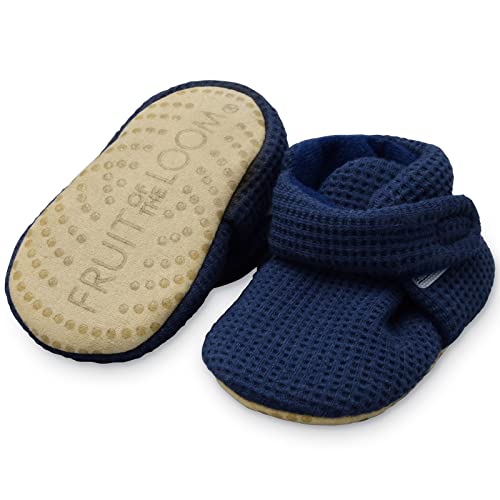Fruit of the Loom Cozy Thermal Wrap Booties with Non-Skids for Baby Girls, Boys, Unisex - Navy Waffle (6-12 Months)