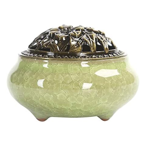 LIOOBO Ceramic Cone Incense Holder with Alloy Cover Cover