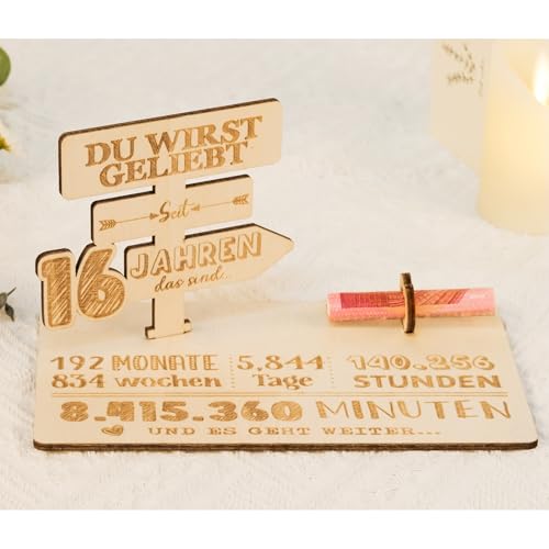 ARTREE Geldgeschenk 16 Geburtstag &ndash; Holz Wegweiser Deko f&uuml;r Geld &ndash; Originelles Geschenk f&uuml;r Teenager, M&auml;dchen & Jungen &ndash; Pers&ouml;nliche 3D Holzkarte zum Geburtstag