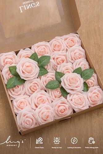 Ling's moment Artificial Flowers 25Pcs Pink Cream Roses Decor w/Stems,3" Real Touch DIY Foam Floral for Wedding Bouquet/Centerpieces, Outdoors Party Backdrop, Room/Table, and Garden/Pot Decorations