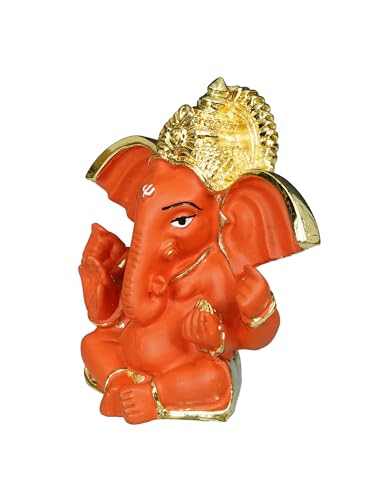 Image of eCraftIndia Golden and Orange Polyresin Lord Ganesha Idol for Home, Temple, Office, Car Dashboard - Divine Home Decor for Ganesha Devotees - Gift for Family, Friends - Suitable for Ganesh Chaturthi