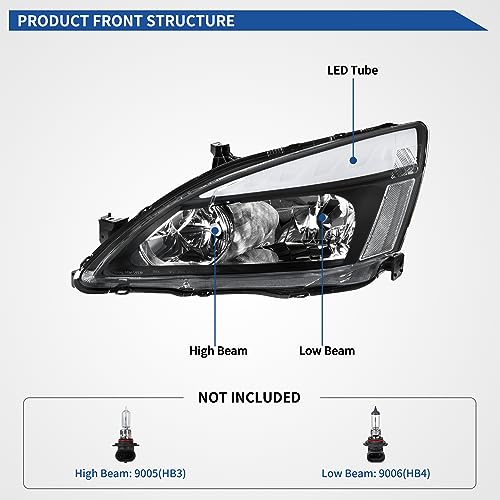 Image of oEdRo Switchback LED Tube Headlights Assembly Compatible with 2003 2004 2005 2006 2007 Accord DRL Headlamp Replacement Pair with Black Housing Clear Reflector