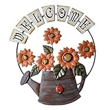 Eisenhänge Sonnenblumen Willkommensschild mit Bewässerung Dose Metall Sonnenblumen Wandkunst für Wohnkultur Orange Wandskulpturen