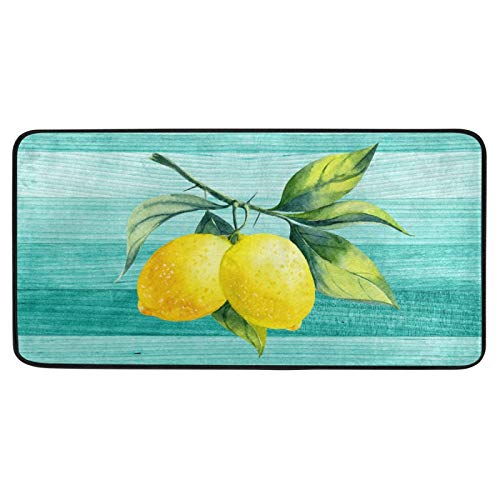Teal Turquoise Lemon Kitchen Rug Green Wood Tropical Summer Kitchen Mat Bath Rugs Doormat Non Slip Floor Door Mats Soft Runner Carpet Home Decor 39 X 20 Inch #TOP2
