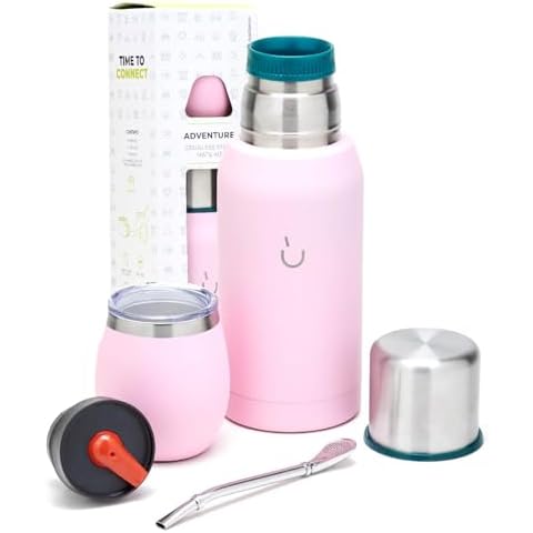 BALIBETOV Yerba Mate Kit - Includes 1 Yerba Mate Cup, 1 Bombilla Mate Straw, and 1 Mate Termo with 2 Stoppers - The Stainless Steel Yerba Mate Gourd, Includes Lid (Pink) Cover
