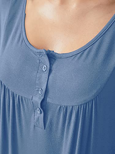 Sunnyme Nightgowns For Women Long Sleeve Sleepshirt Solid V-Neck Pleated Sleepwear Pajama Dresses Curve Hem Loungewear Blue Large #TOP3