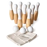 OhneSorge Holz Bowling Set für Kinder & Erwachsene – 9 Kegel & 3 Bälle – Kegelspiel aus Kiefernholz inkl. Tragetasche – 19cm – Indoor & Outdoor Spiel für Garten, Park & Familie