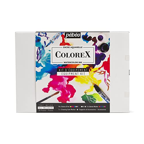 Pebeo Set Drawing & Illustration Kit Watercolour Ink 10 Colours 20 ml, 4 Colorex Marker and 18 Accessories
