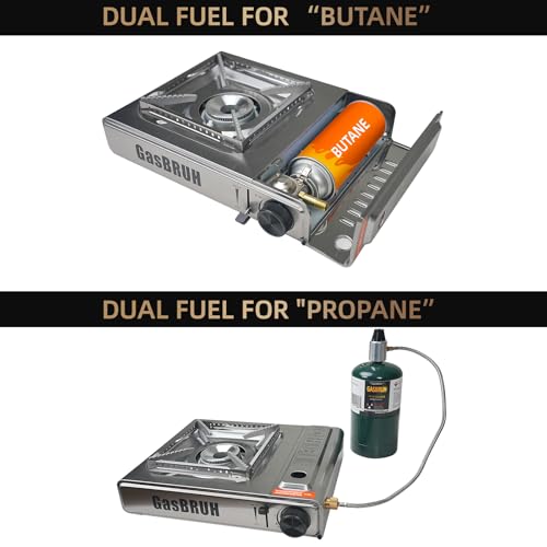 Propane or Butane Stove with Windblocker,Dual Fuel 10000BTU Stainless Steel Portable Camping Stove with CarryCase,Portable Gas Stove for Camping,Tailgating,Outdoor Cooking,Emergency(Fuel not included)
