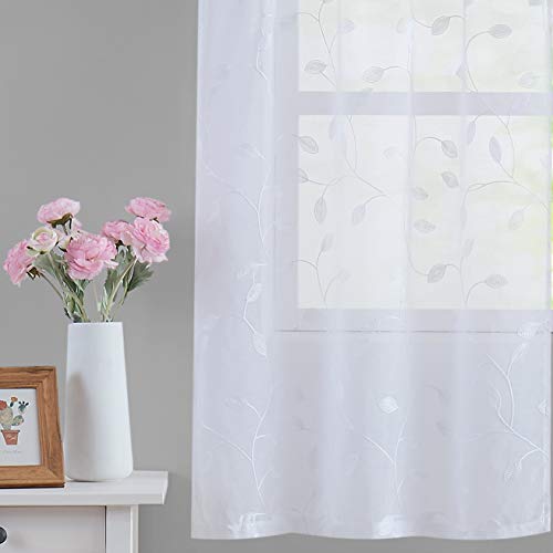 Fragrantex White Botanical Tiers Boho Curtains For Kitchen/Cafe Linen Sheer 36 Inches Long Floral Embroidery Leaf Window Draperies For Dining Room,Rod Pocket 2 Panels,28" Wx36 L #TOP1