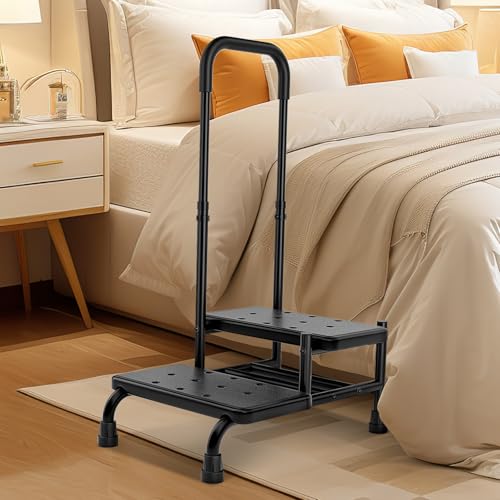 FORTEMOTUS Aide à l'entrée pour Douche Bain - Marche de Baignoire avec Poignée Maintien et 2 Marches, Escalier pour Terrasse, Barre d'appui Baignoire pour Personnes âgées, Jusqu'à 200 kg, Noir