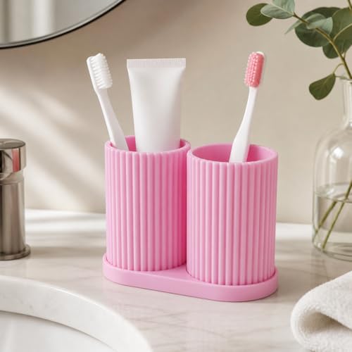 Image of Plastic Tooth Brush Holder Bathroom, Brush Holder for Bathroom Organizer, Toothbrush Holder Stand, Brush Stand, Comb Holder, Hostel Essentials for Girls College, Toothpaste Holder (Pink)