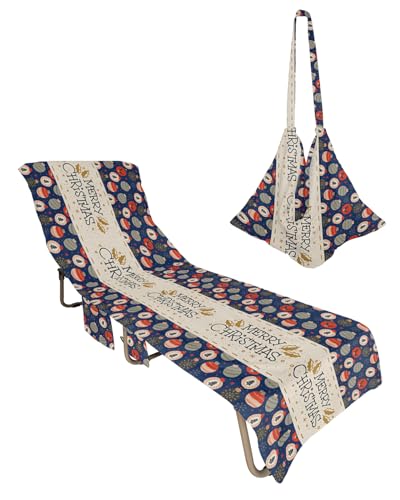 Christmas Beach Chair Towel Covers for Chaise Lounge with Side Pocket, Soft Plush Pool Towels Cover for Patio Sunbathing Outdoor 29''x85'' Colorful Light Balls Shabby Chic Farmhouse Navy Blue