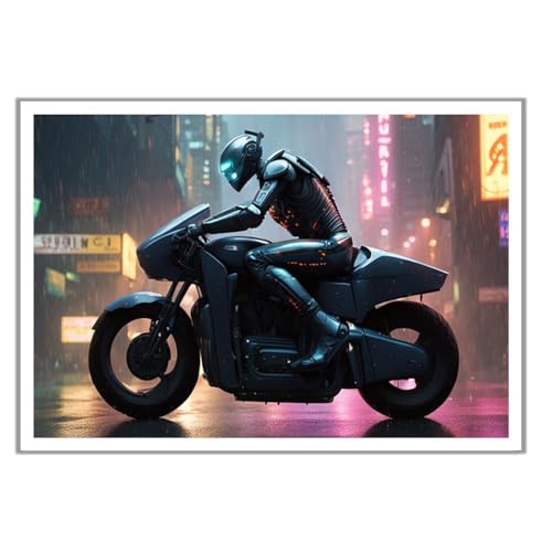 GAEKKO Quadro da parete Moto in una città del futuro informatico su vetro acrilico con cornice in vetro acrilico 30 x 20 cm