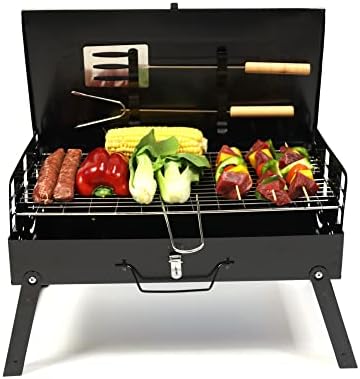 Compact Charcoal Grill Set - Foldable Barbecue for Beach, Camping | Stainless Steel Notebook Charcoal Grill with Handle, Utensils, Baking Net & Foldable Strut | Small Travel BBQ Grill