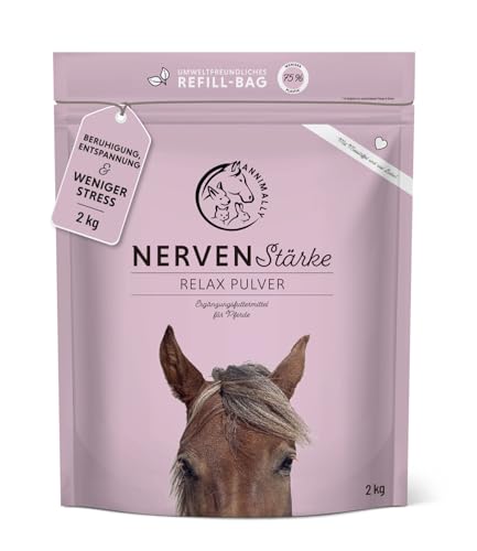 Annimally Nervenstärke - Pferde Relax Nerven Pulver 2kg zur Beruhigung beim Pferd - Nervenkräuter mit Magnesium, Tryptophan, Baldrian, Passionsblume & Hanföl gegen Angst, Stress & für Transport