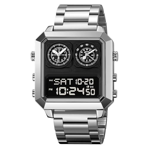 Reloj Digital Multifunción para Hombre, Acero Inoxidable, 4 Zonas Horarias, Alarma, Cronómetro, Fecha, Temporizador, Luz EL, Resistente al Agua 30M, Diseño Clásico Cuadrado(Silver 2)