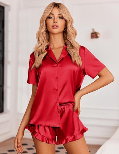 Image of Ekouaer Womens Satin Pajamas Set Button Down 2 Piece Silk Pjs Shorts Set Ruffle Lingerie Notch Collar Sleepwear