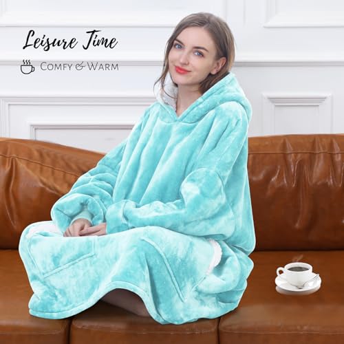 Kipswiza Oversized Wearable Blanket Hoodie Gifts for Mom Women Men, Super Soft Sherpa Fleece Hooded Blankets Sweatshirt for Adult Teens - Aqua