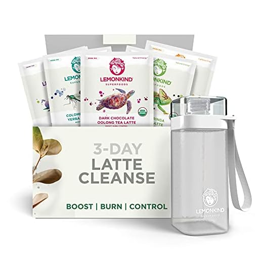 LEMONKIND Organic 3 Day Fat-Burn Cleanse for Weight Loss Jumpstart & Detox – Plant-Based & Gluten-Free, 15 Vegan Lattes (Coffee, Chocolate, Vanilla, Maqui & Matcha) + Free Blender Bottle