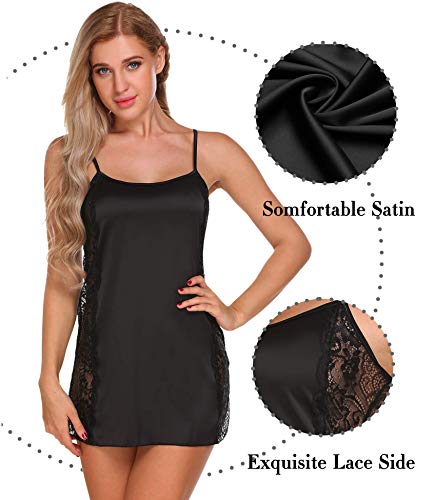 Avidlove Satin Lingerie Nightgown Lace Chemise Silk Slip Negligee Nightie Black #TOP2