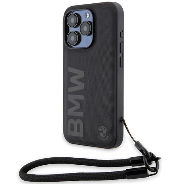 CG MOBILE BMW BMHCP15X23RMRLK Coque pour iPhone 15 Pro Max 6,7 Pouces Noir Étui Rigide Signature Cuir Mot-Symbole Cordon