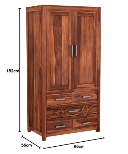 Image of Solid Wooden Wardrobe for Clothes | Solid Wood 2-Door Wardrobe with 5 Drawer Storage | Storage Cabinet for Your Living Room (Teak)| (Hony)